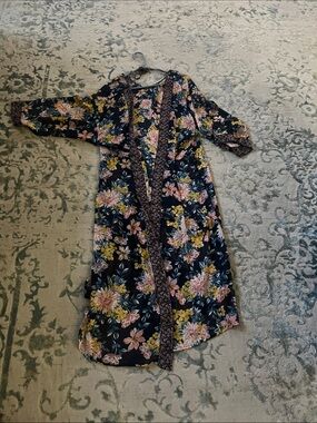Floral Kimono Duster in Navy with Pink & Yellow Blooms